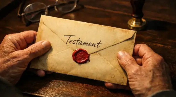 Starzec trzyma zapieczętowaną kopertę z napisem "Testament". Okulary i pieczęć sugerują ważne wezwanie na odczytanie testamentu.
