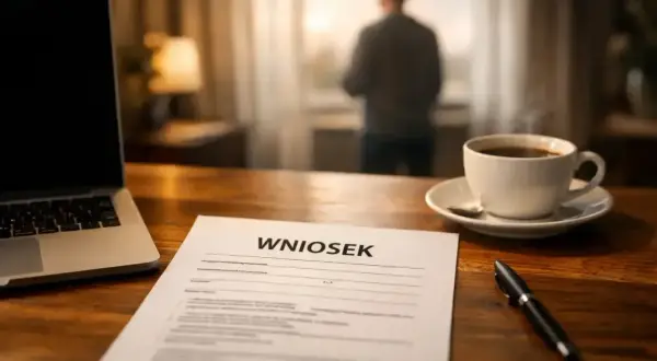 Na biurku leży wniosek, laptop i filiżanka kawy. Mężczyzna stoi przy oknie, rozważając pracę zdalną okazjonalną.