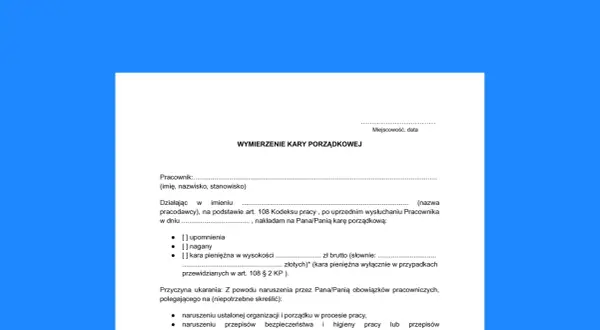 Dokument "Wymierzenie kary porządkowej" zawiera opcje nałożenia upomnienia, nagany lub kary pieniężnej.