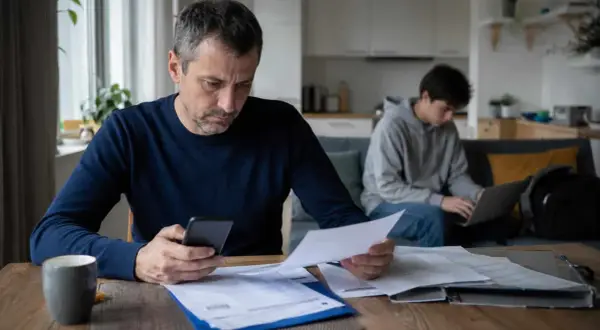 Ojciec z telefonem i dokumentami analizuje wydatki, podczas gdy syn pracuje przy laptopie. Myśli o obowiązek alimentacyjny do 26 roku życia.