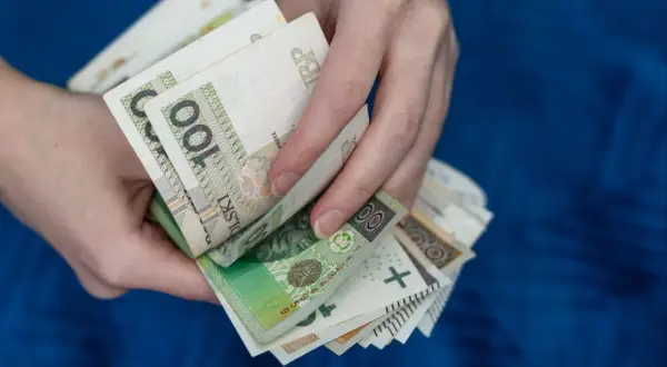 Dłonie trzymają stos polskich banknotów. Kwestia współwłaściciela konta bankowego a urząd skarbowy bywa skomplikowana.