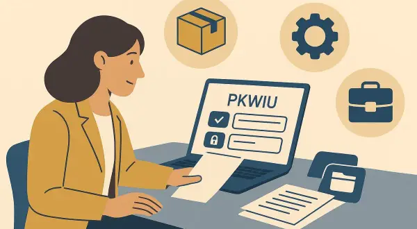 Kobieta przy laptopie z napisem PKWIU, symbolami i dokumentami. Proces wyrejestrowania z VAT.