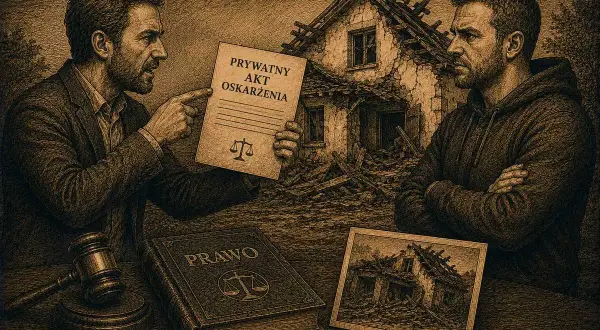 Mężczyzna pokazuje **prywatny akt oskarżenia** na tle zniszczonego domu. Obok leży księga "Prawo" i zdjęcie ruiny.