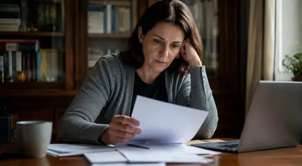 Zmartwiona kobieta przegląda dokumenty, szukając informacji, jak sprawdzić majątek zmarłego. Na biurku leży laptop i kubek kawy.