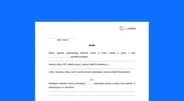 Aneks do umowy o pracę, który stanowi porozumienie zmieniające warunki pracy i płacy. Dokument zawiera dane pracodawcy i pracownika.