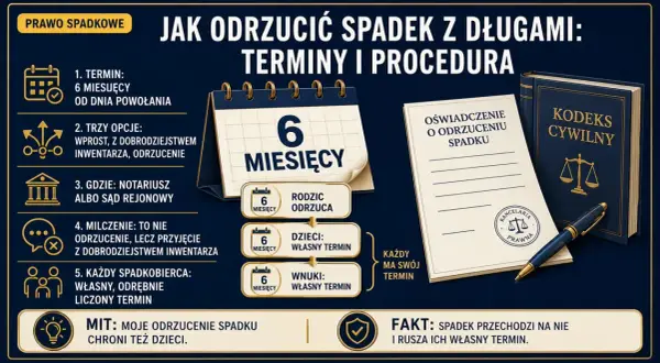 Jak odrzucić spadek z długami? 6 miesięcy na decyzję, opcje: wprost, z dobrodziejstwem inwentarza, odrzucenie. Sprawdź terminy i procedurę.