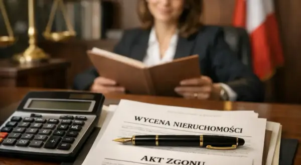Prawniczka analizuje dokumenty, w tym "Akt Zgonu" i "Wycena Nieruchomości", by ustalić wartość zachowku na jaki dzień.