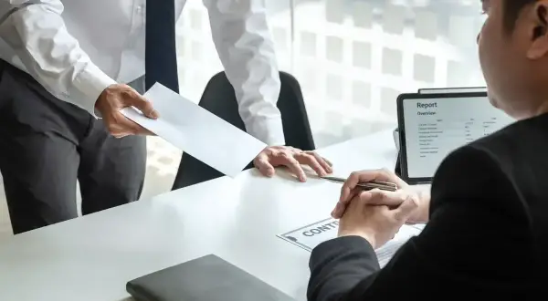 Przełożony wręcza pracownikowi dokumenty, być może umowa na czas określony. Na stole leży teczka i tablet z raportem.