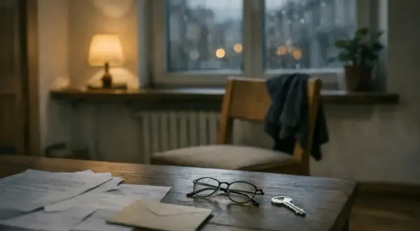 Na drewnianym stole leżą dokumenty, okulary i klucz. To miejsce, gdzie można dowiedzieć się, jak obliczyć zachowek.