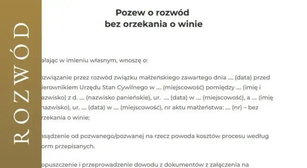 Pozew o rozwód bez orzekania o winie. Dokument zawiera dane małżonków i datę ślubu. Czas oczekiwania na pozew rozwodowy zależy od sądu.