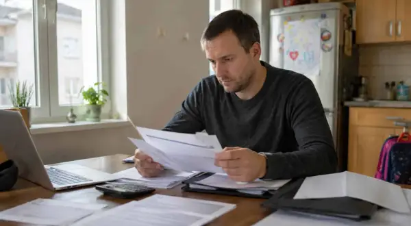 Mężczyzna analizuje dokumenty, przygotowując wniosek o obniżenie alimentów. Na stole laptop, kalkulator i sterta papierów.