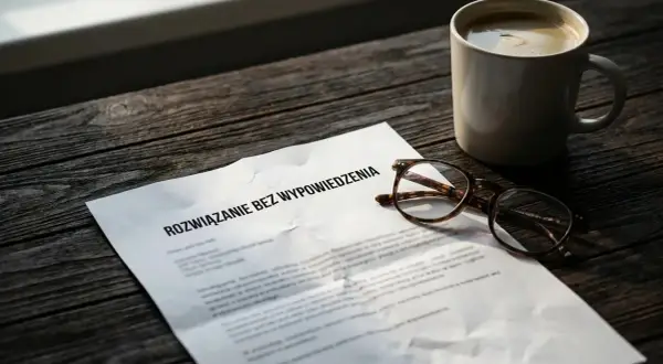 Dokument "Rozwiązanie bez wypowiedzenia" leży obok okularów i kawy. Może to oznaczać ciężkie naruszenie obowiązków pracowniczych.