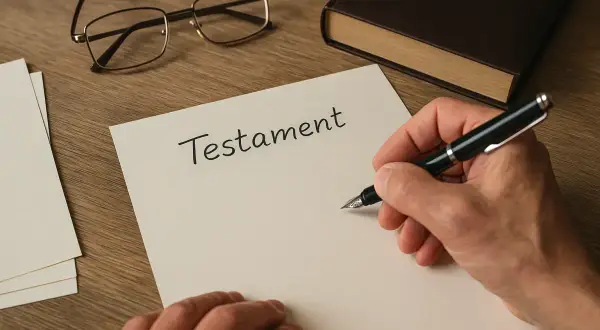 Ręka pisze piórem na kartce "Testament". Obok leżą okulary i książka. Dowiedz się, jak napisać testament bez notariusza.