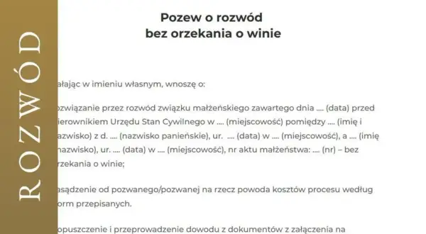 Pozew o rozwód bez orzekania o winie. Dokument zawiera dane dotyczące rozwiązania związku małżeńskiego i kosztów procesu.