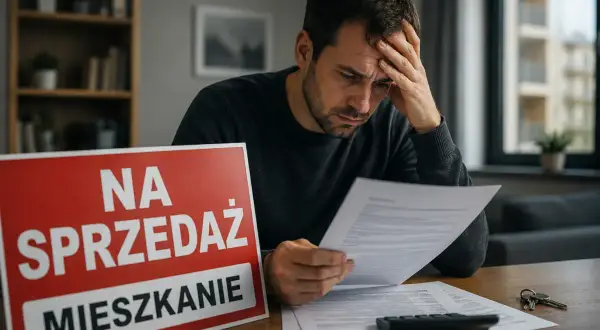 Zmartwiony mężczyzna analizuje dokumenty dotyczące mieszkania zapisanego w testamencie, a także kwestii zachowku. Obok leży tabliczka "Na sprzedaż mieszkanie".