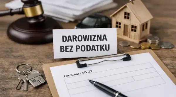 Klucze do domu, mały domek, samochód i młotek sędziowski symbolizują darowiznę w rodzinie bez podatku.
