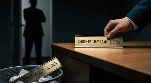 Złota tabliczka "SENIOR PROJECT LEAD - J. CHEN" jest zabierana z biurka, podczas gdy poprzednia leży w koszu na śmieci. To symbol likwidacji stanowiska pracy.