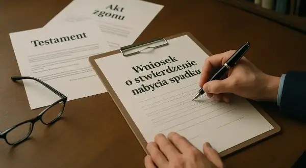 Dłoń pisze wniosek o stwierdzenie nabycia spadku. Obok leżą testament i akt zgonu.