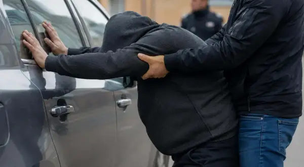 Mężczyzna w kapturze opiera się o samochód, gdy drugi mężczyzna go obezwładnia. W tle widać policjanta. Zastanawiamy się, ile grozi za takie zatrzymanie.