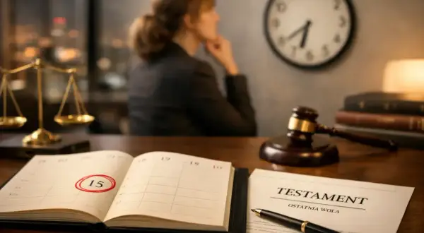 Na biurku prawnika leży testament i kalendarz z zaznaczoną datą. Rozważania nad ogłoszeniem testamentu a zachowkiem.
