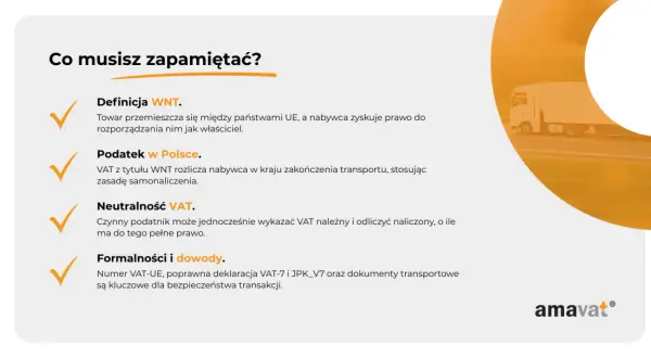 WNT: towar między krajami UE, nabywca jak właściciel. Podatek w Polsce rozlicza nabywca. Neutralność VAT. Formalności i dowody kluczowe.