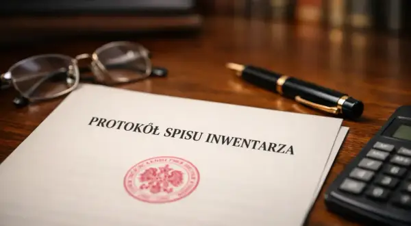 Protokół spisu inwentarza na biurku, obok okularów, długopisu i kalkulatora. Czas na formalności.