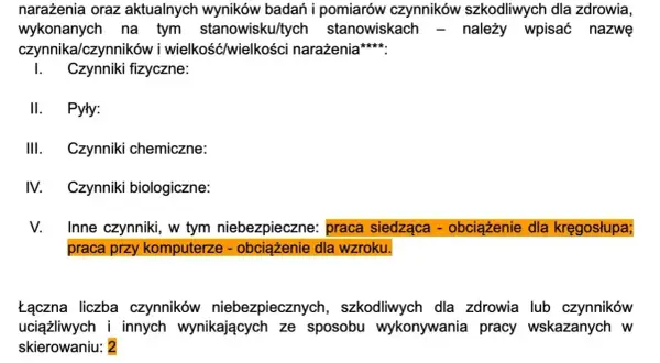 Formularz do badań wstępnych do pracy, zawierający opis czynników szkodliwych: praca siedząca, praca przy komputerze.