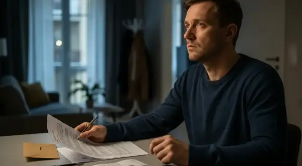Mężczyzna zamyślony nad dokumentami, które symbolizują niesprawiedliwy podział majątku przez rodziców. Klucze i telefon leżą obok.