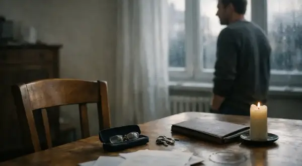 Na stole leżą dokumenty, klucze i okulary. Mężczyzna stoi przy oknie. Czy postępowanie spadkowe jest obowiązkowe?