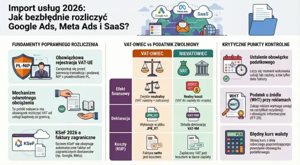 Rozliczenie importu usług (Google Ads, Meta Ads, SaaS) w 2026: VAT naliczony a należny, obowiązek podatkowy, deklaracje i koszty.