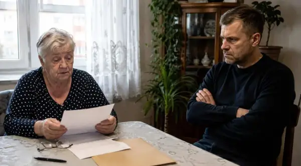 Starsza kobieta czyta dokument, podczas gdy jej syn z założonymi rękami czeka na decyzję. Czy wydziedziczony ma prawo do zachowku?