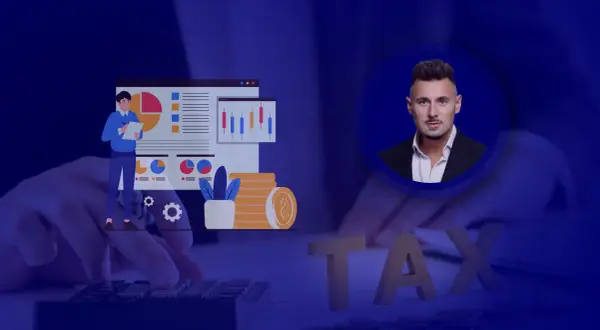 Analiza finansowa i zwolnienie podmiotowe z VAT. Biznesmen z wykresami i monetami.