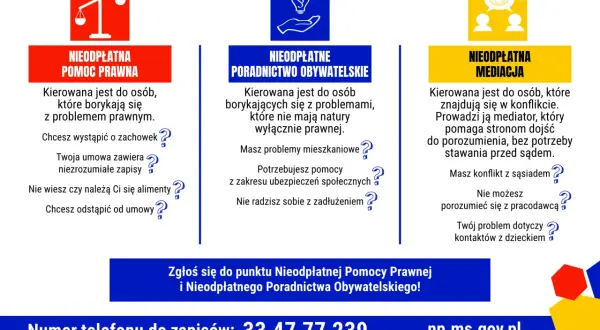 Nieodpłatna pomoc prawna, poradnictwo obywatelskie i mediacje dla osób z problemami prawnymi, mieszkaniowymi, społecznymi lub w konflikcie. Dowiedz się, czym jest wykroczenie i jak uzyskać pomoc.