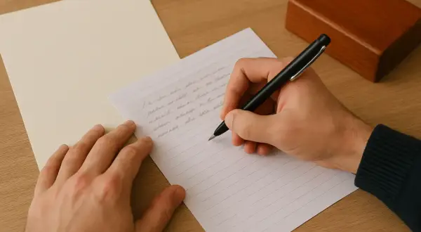 Dłoń pisze ręcznie list, być może testament holograficzny. Obok leży pusty papier i drewniane pudełko.