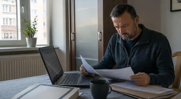 Mężczyzna pochyla się nad dokumentami, analizując je przy laptopie. Może to być związane z art. 106 kk.