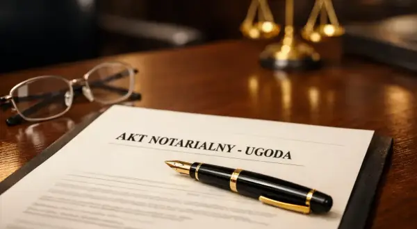 Akt notarialny - ugoda. Na biurku notariusza leży dokument, pióro i okulary. W tle waga sprawiedliwości.