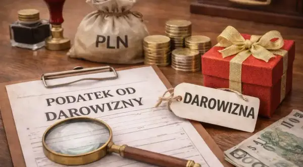 Dokumenty podatkowe, lupa, worek z PLN, monety i czerwone pudełko z kokardą symbolizują darowiznę od rodziców.
