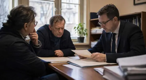 Prawnik omawia dokumenty z parą, która chce dowiedzieć się, jak sprawdzić czy jestem spadkobiercą.
