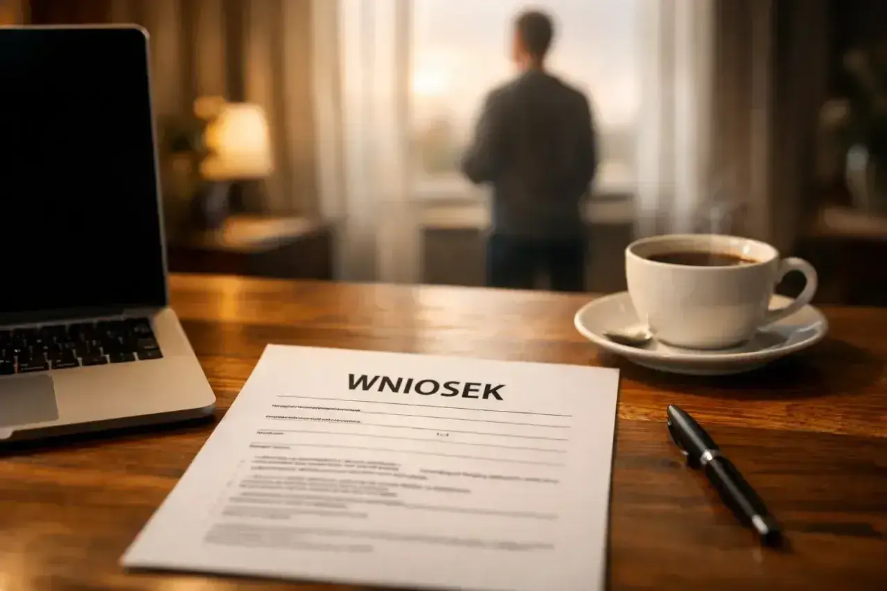 Na biurku leży wniosek, laptop i filiżanka kawy. Mężczyzna stoi przy oknie, rozważając pracę zdalną okazjonalną.