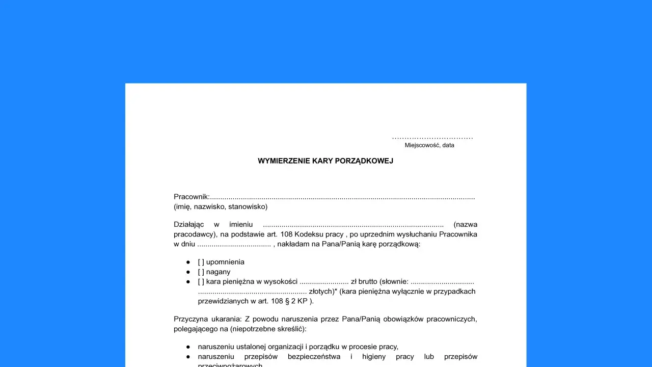 Dokument "Wymierzenie kary porządkowej" zawiera opcje nałożenia upomnienia, nagany lub kary pieniężnej.