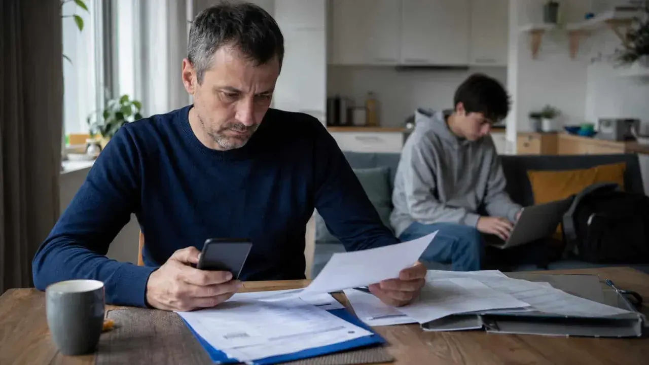 Ojciec z telefonem i dokumentami analizuje wydatki, podczas gdy syn pracuje przy laptopie. Myśli o obowiązek alimentacyjny do 26 roku życia.