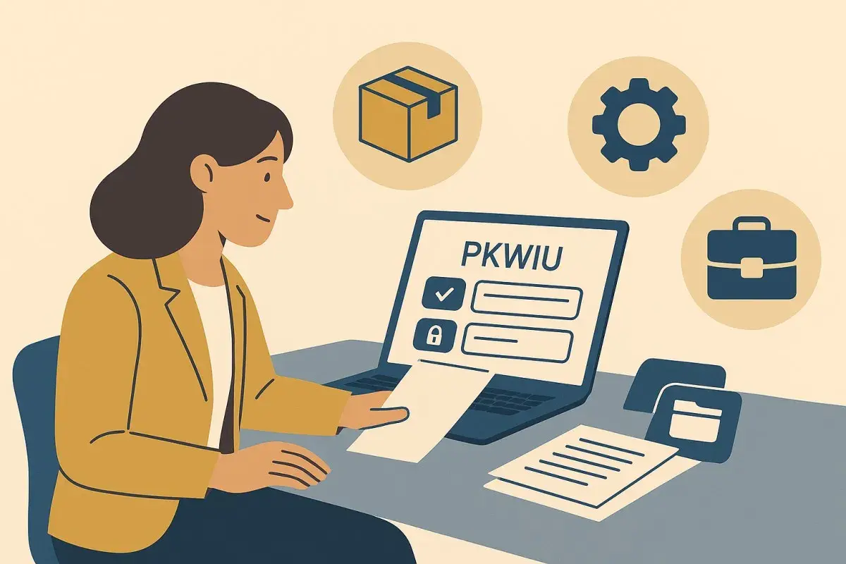 Kobieta przy laptopie z napisem PKWIU, symbolami i dokumentami. Proces wyrejestrowania z VAT.