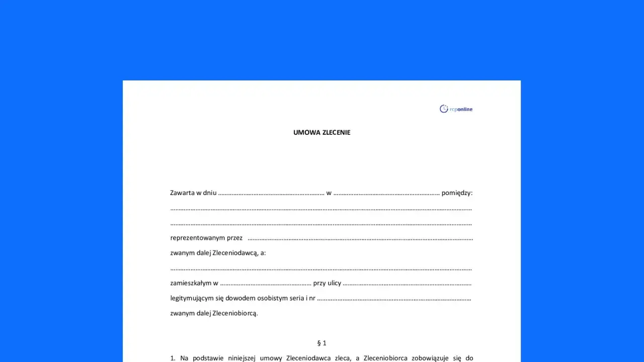 Szablon umowy zlecenia dla studenta. Dokument zawiera pola do wypełnienia danych zleceniodawcy i zleceniobiorcy.