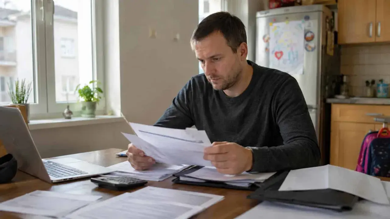 Mężczyzna analizuje dokumenty, przygotowując wniosek o obniżenie alimentów. Na stole laptop, kalkulator i sterta papierów.