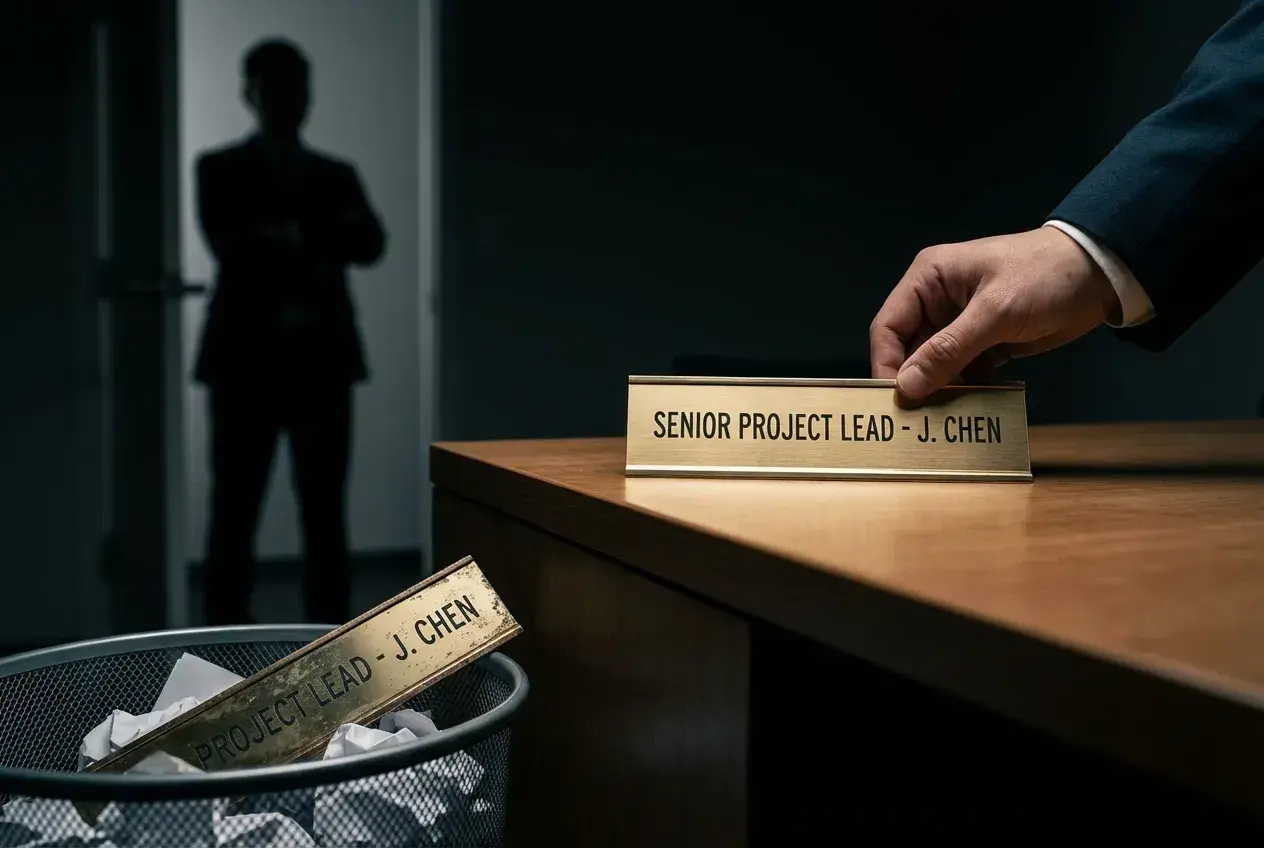 Złota tabliczka "SENIOR PROJECT LEAD - J. CHEN" jest zabierana z biurka, podczas gdy poprzednia leży w koszu na śmieci. To symbol likwidacji stanowiska pracy.
