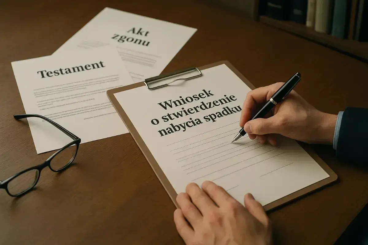 Dłoń pisze wniosek o stwierdzenie nabycia spadku. Obok leżą testament i akt zgonu.