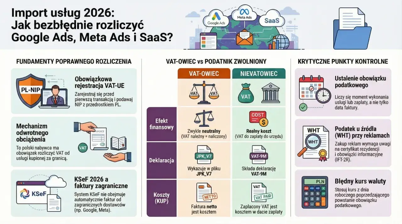 Rozliczenie importu usług (Google Ads, Meta Ads, SaaS) w 2026: VAT naliczony a należny, obowiązek podatkowy, deklaracje i koszty.