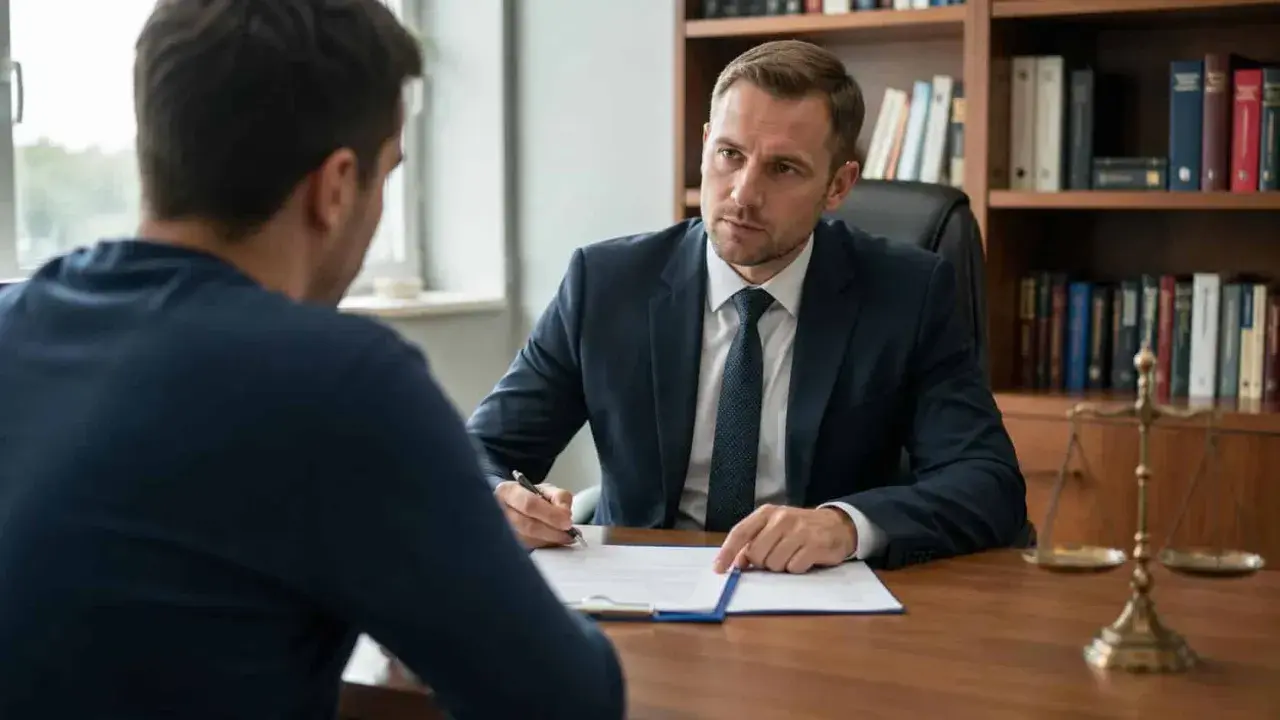 Prawnik omawia z klientem dokumenty, wskazując na możliwość umorzenia postępowania karnego.