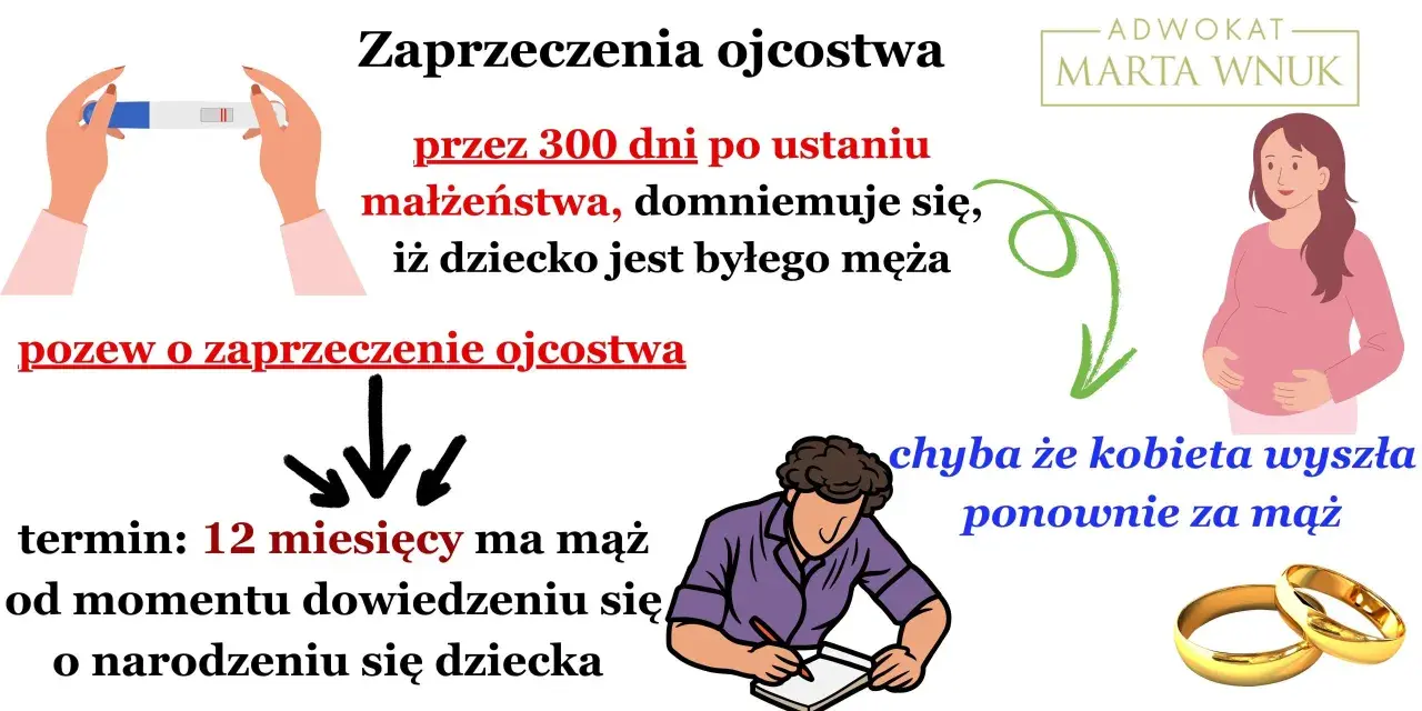Pozew o zaprzeczenie ojcostwa: 12 miesięcy od dowiedzenia się o narodzeniu dziecka. Dziecko domniemane jest jako syn byłego męża, chyba że kobieta wyszła ponownie za mąż.