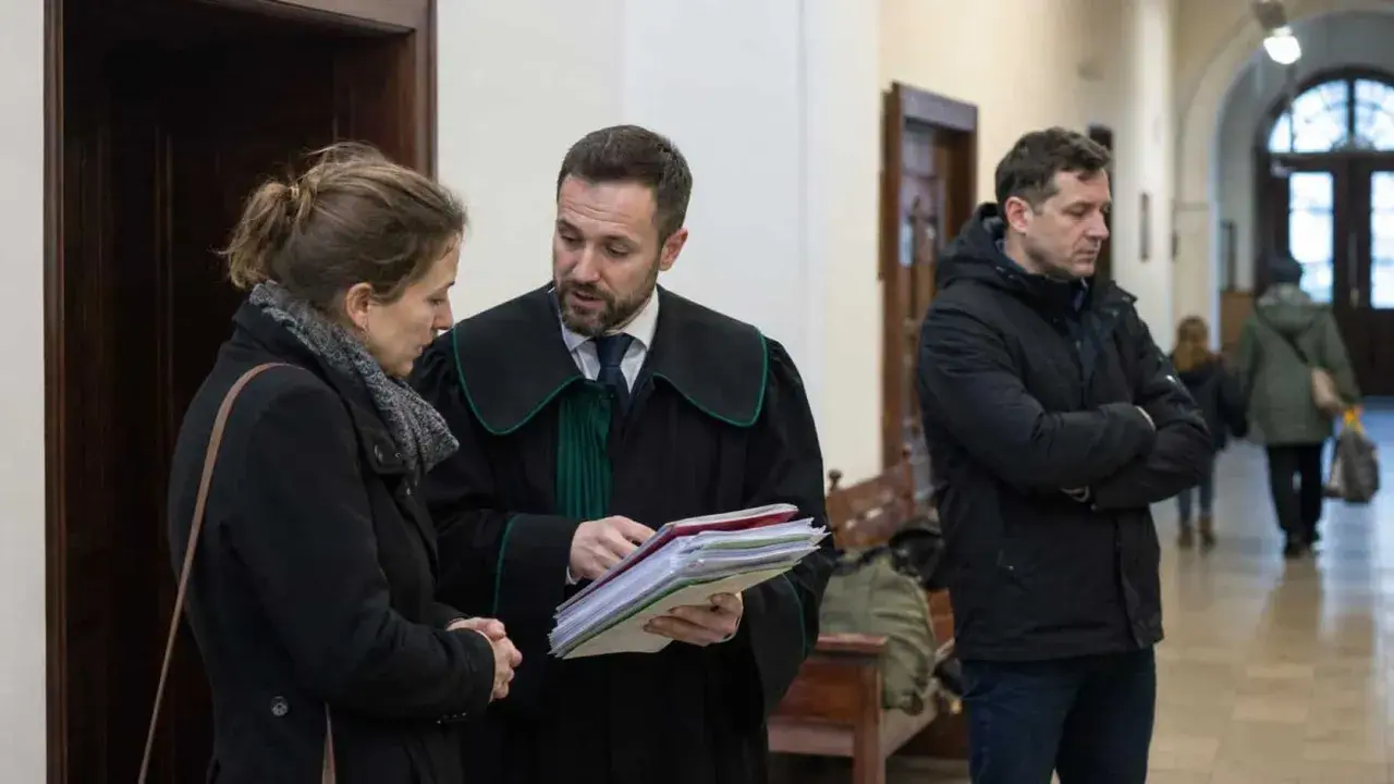 Prawnik w todze omawia dokumenty z kobietą, podczas gdy mężczyzna w kurtce czeka. Sprawa dotyczy artykułu 109 KRIO.